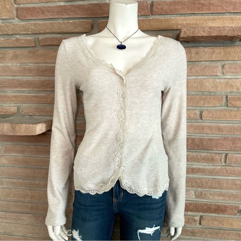 Lace Trim Stretch Buttton Up Top Beige Large